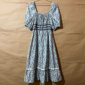 Johnny Was | Camille Midi Dress Floral Smocked Puff Sleeve Square Neck Size M
